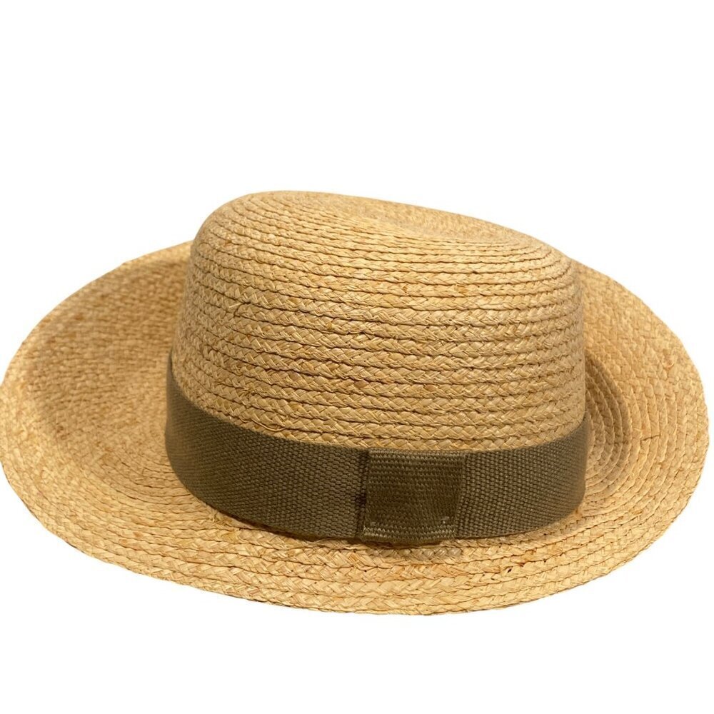 L.L. Bean Womens Straw Hat Natural Woven Fedora Olive Band asymmetrical brim